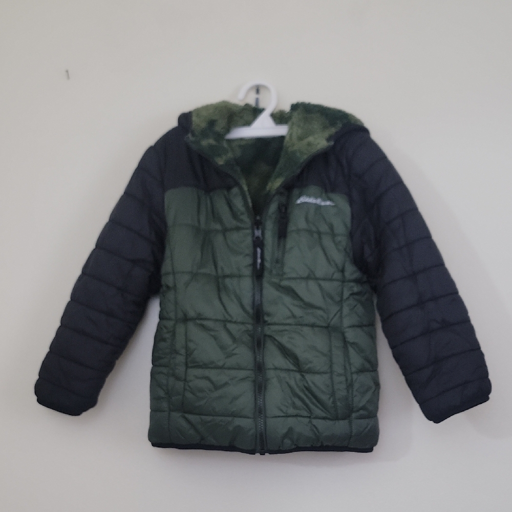 Eddie Bauer Reversible Green, Black & Camo Quilted Hooded Jacket Boys XS 5/6